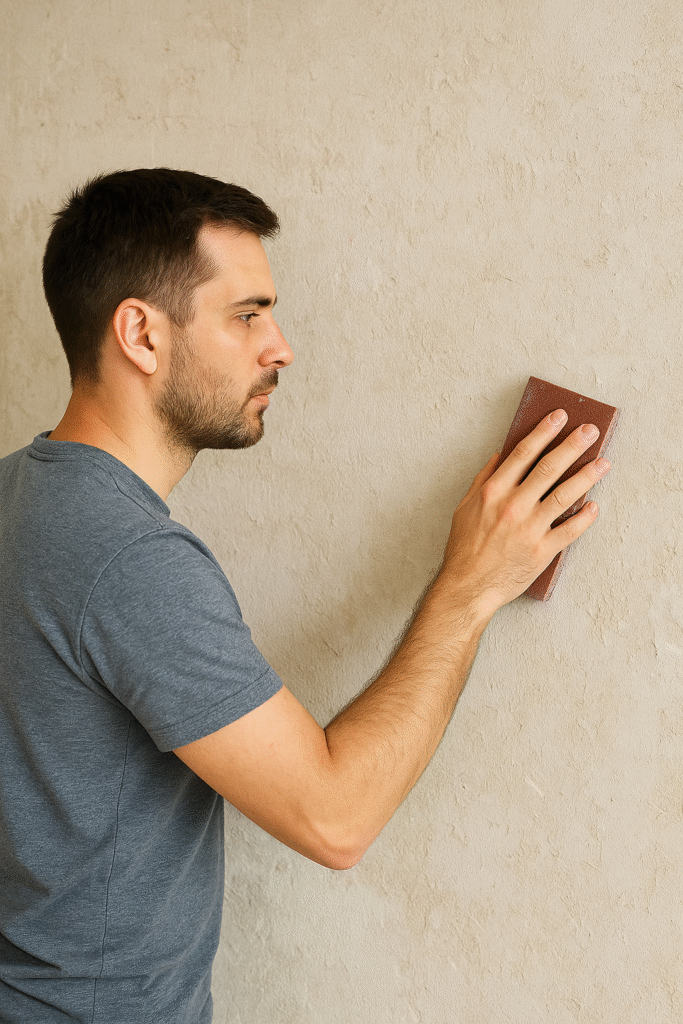 Lixando a parede, mostrando como preparar a superfície 