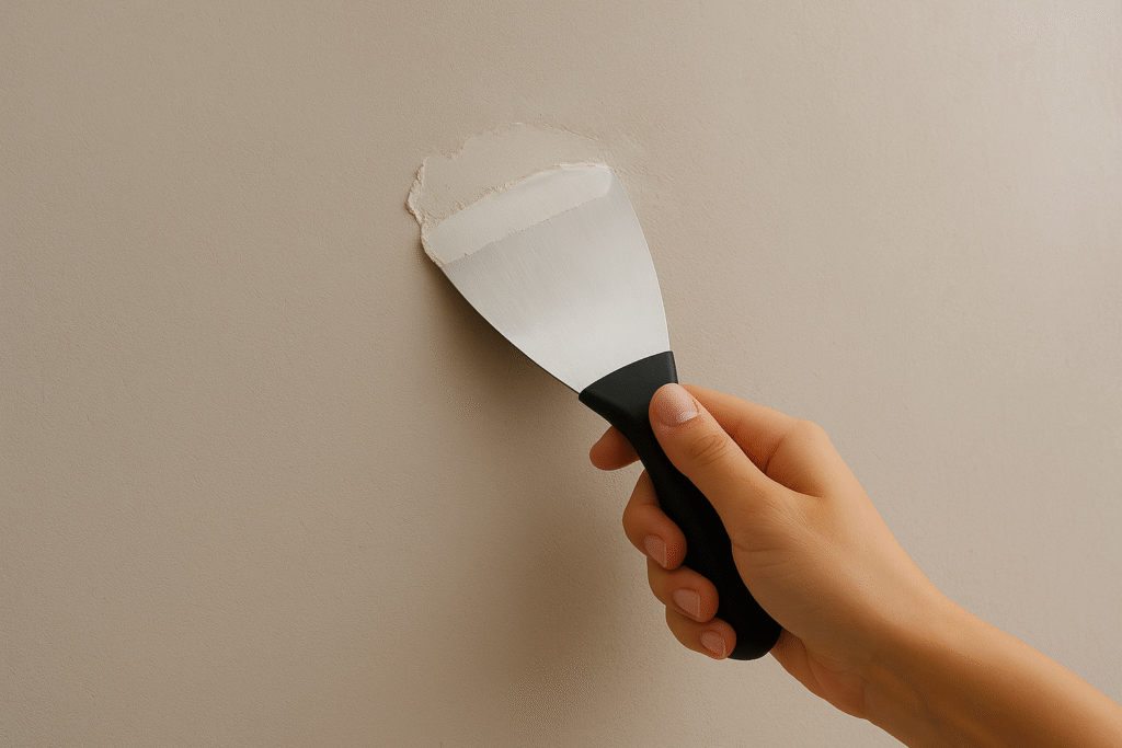Mão aplicando massa corrida com espátula em parede, mostrando como nivelar e preparar a superfície para pintura