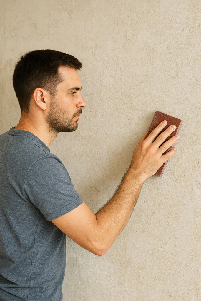 Lixando a parede, mostrando como preparar a superfície 